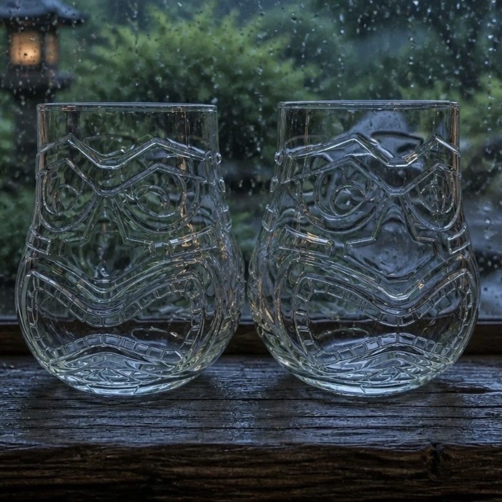 Set of 2 Clear Glass Tiki Mugs Embossed Tribal Face Cocktail Tumblers Barware